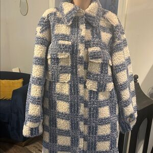 Plaid Teddy Jacket - Blue and Cream